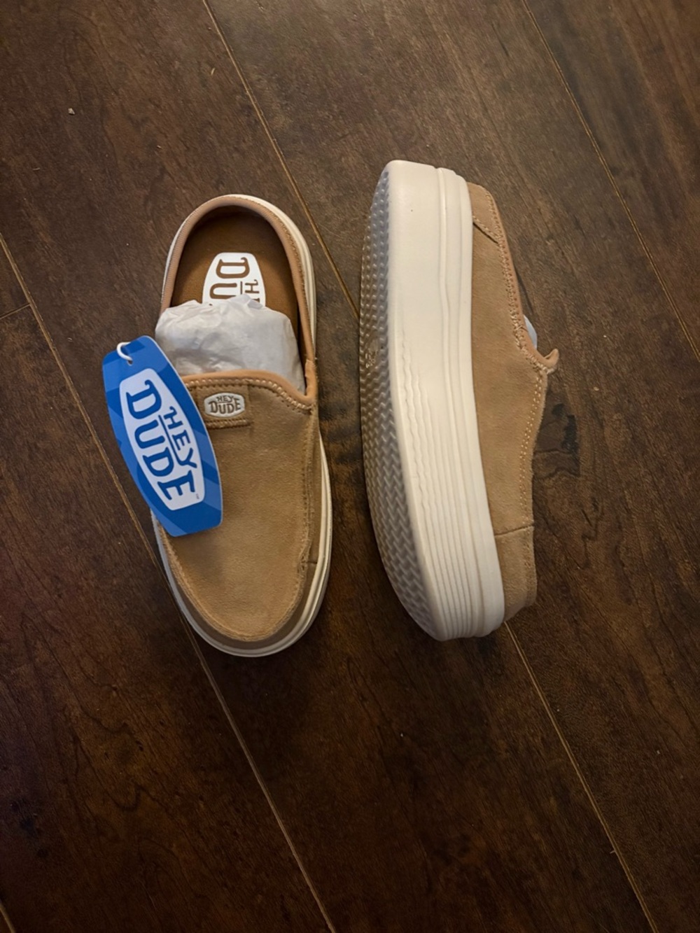 Hey Dude Tan Suede Slip-On Platform Loafers with White Sole